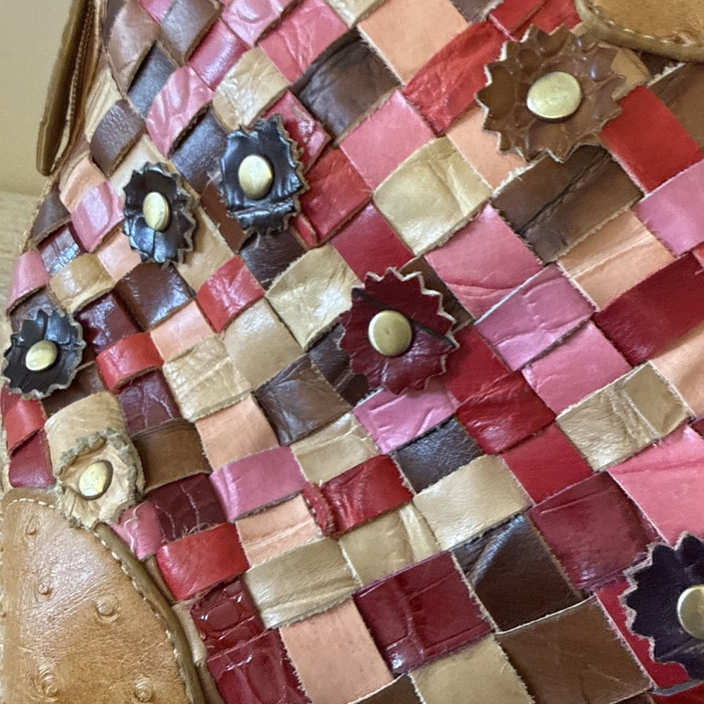 Handmade Woven Multi Color Leather Bohemian Bag with Flower Appliqué Accent - Picture 4 of 9